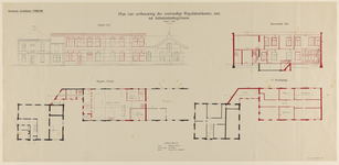 217536 Aanzicht, doorsnede en plattegronden van de tot administratiegebouw te verbouwen regulateurskamer van de ...